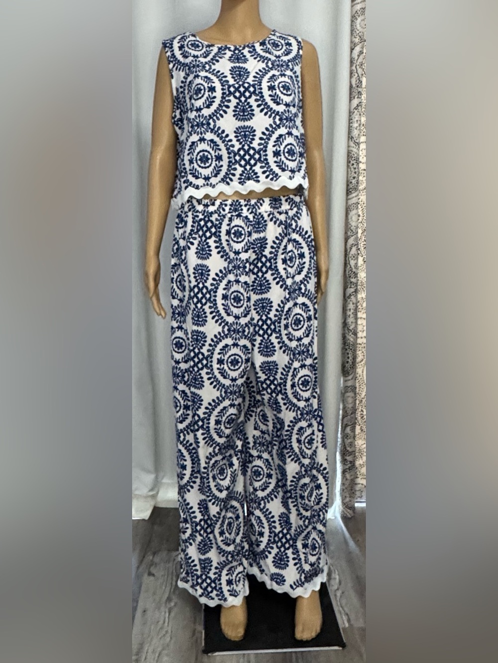 SHEIN White and Navy Printed Maxi Skirt Set